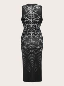 SHEIN ICON 蜘蛛網印花高衩緊身洋裝 - 黑色 - 查看 6