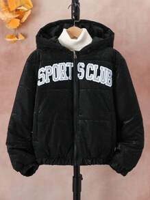 Tween Boy 1pc Letter Graphic Hooded Padded Coat - Black - View 3