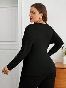 SHEIN Privé Plus Solid Ruched Tee - Black - View 2