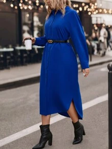 SHEIN LUNE 大碼落肩袖弧形下擺襯衫洋裝 - 寶藍色 - 查看 6