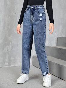 SHEIN Quần jean rách ống đứng teen girl - Rửa trung bình - Xem 1