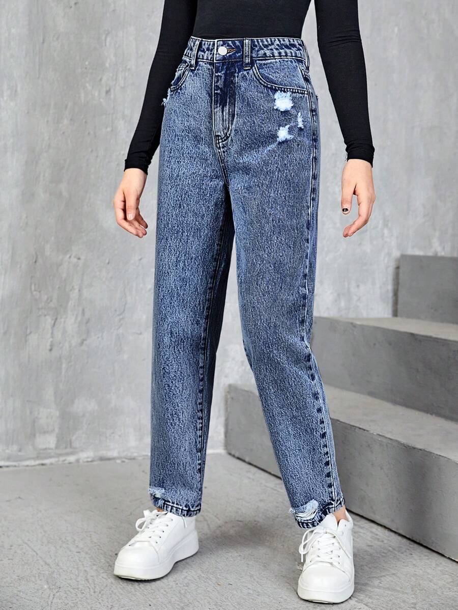 SHEIN Quần jean rách ống đứng teen girl - Rửa trung bình - Xem 1