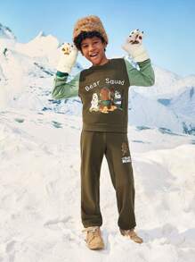 We Bare Bears X SHEIN 男大童卡通和字母圖案雙色衛衣和衛褲 - 軍綠色 - 查看 4