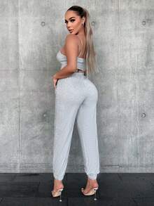 SHEIN SXY Solid Asymmetrical Hem Cami Top & Sweatpants - Grey - View 3