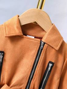 SHEIN Young Girl Contrast Mesh Hem Zip Detail Belted Dress - Multicolor - View 3