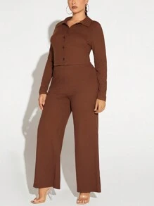 SHEIN SXY 大碼前紐扣T恤&喇叭褲 - 卡其色 - 查看 4