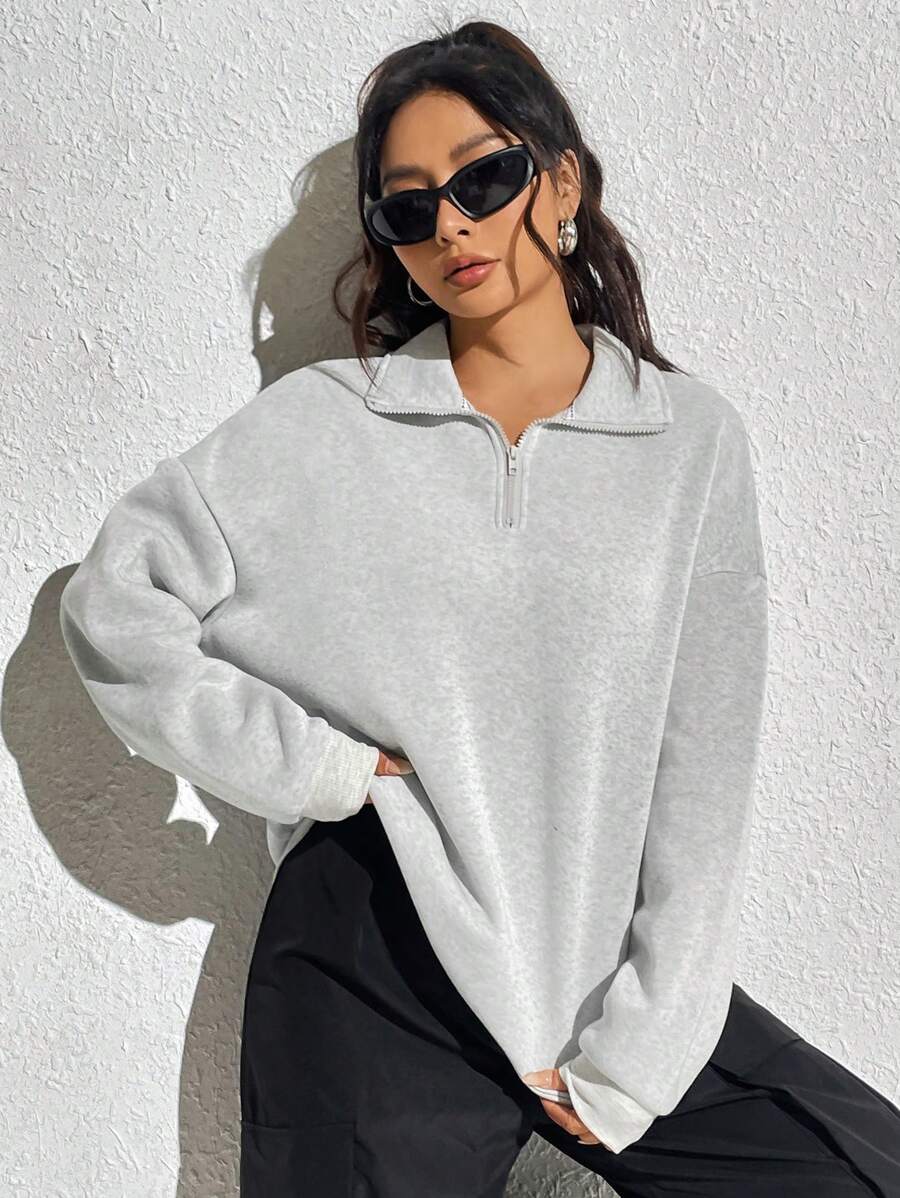 INAWLY Half Zip Drop Shoulder Sweatshirt - Grey - View 1