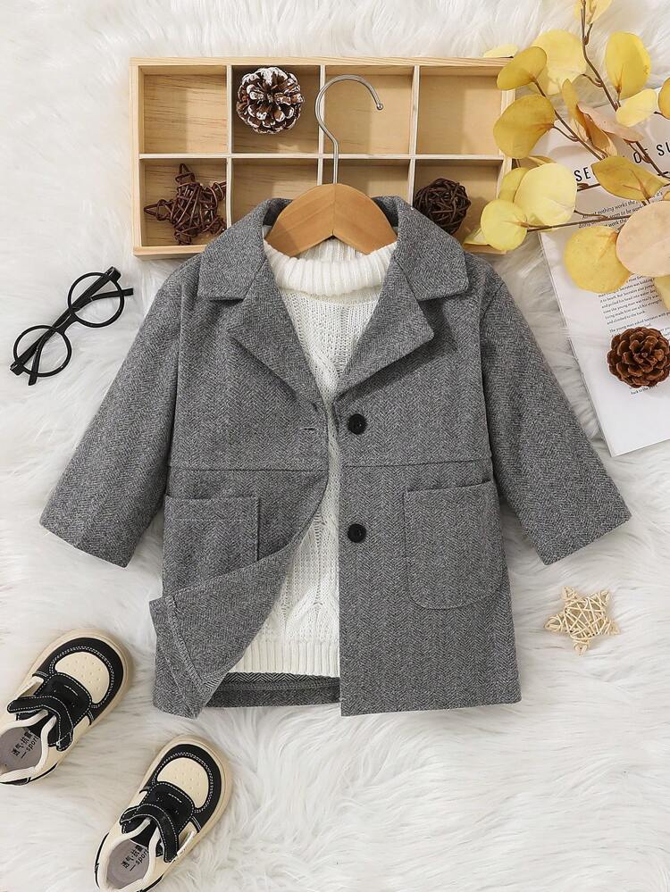 Baby Boy Lapel Neck Pocket Patched Button Front Overcoat Without Sweater