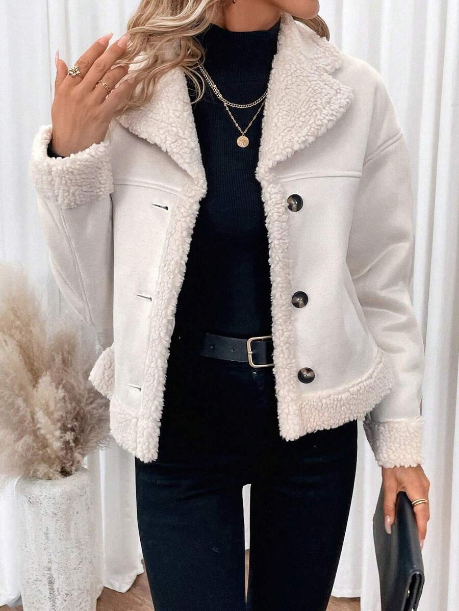 SHEIN Frenchy 毛絨內襯落肩袖前紐扣加絨內裏夾克 - 杏色 - 查看 1