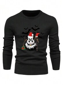 Men Snowman Pattern Long Sleeve Round Neck Sweater, For Halloween - Black - View 1