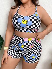 Khrim Reaper SHEIN Swim Curve Artist Girlcore Summer Beach Plus Floral & Checker Print Bikini Set, Women Clothes, For Summer, Festival
