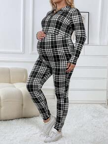 SHEIN Maternity Plus Plaid Print Zip Up Jumpsuit