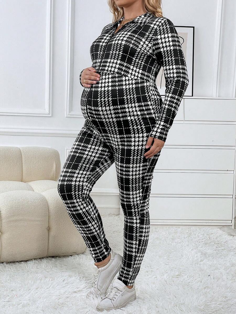 SHEIN Maternity Plus Plaid Print Zip Up Jumpsuit