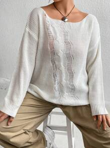 Flirla Pull tricoté à mailles côtelées avec épaules tombantes, pull-over tricoté pour l'automne et l'hiver - Blanc - Voir 7