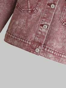 Teen Girl Pocket Patched Drop Shoulder Denim Jacket - Red - View 4