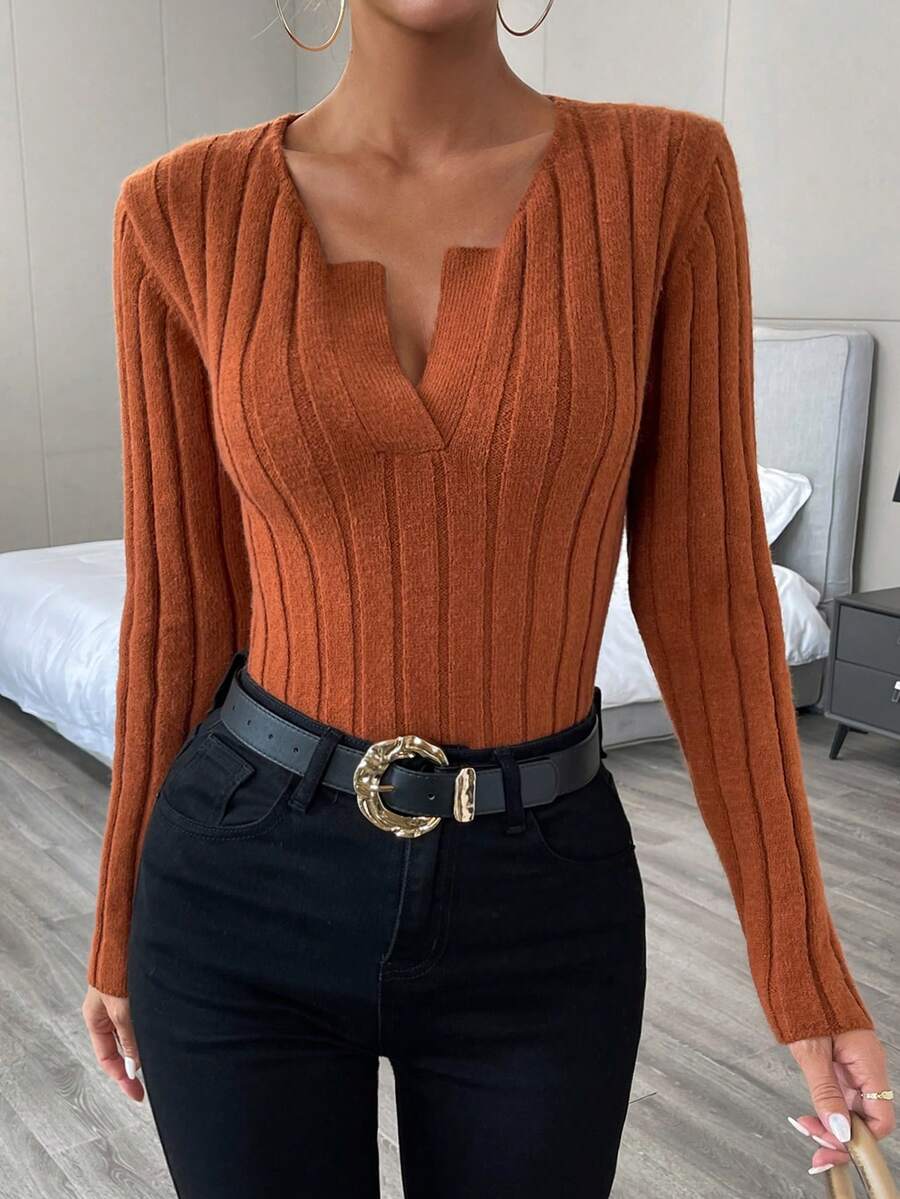 SHEIN Essnce Notched Neck Ribbed Knit Sweater - Coffee Brown - View 1