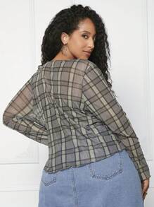 SHEIN CURVE+ Plus Plaid Print Lace Trim Top - Multicolor - View 2