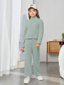 SHEIN Tween Girl Mock Neck Ribbed Knit Tee & Pants - Mint Green - View 5