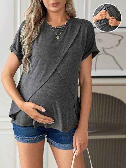 SHEIN Maternity Solid Nursing Detail Wrap Cross Tee
