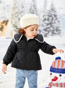 SHEIN Baby Girl Contrast Binding Zipper Wave Quilted Coat - Black - View 3