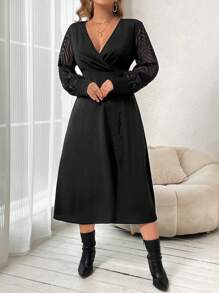 Franclia Plus Contrast Mesh Sleeve Overlap Collar Button Detail Dress