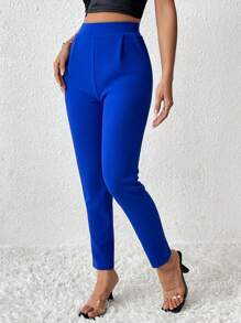 SHEIN PETITE Solid Slant Pocket Pants - Navy Blue - View 6