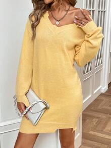 SHEIN LUNE 落肩開衩下擺毛衣洋裝 - 黃色 - 查看 6