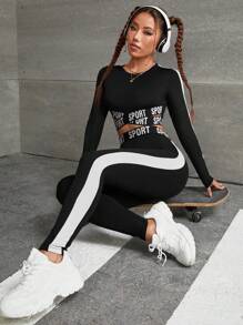 SHEIN Sport Gameset Conjunto deportivo de mujer con gráfico de letra, contraste de lado y corte cruzado