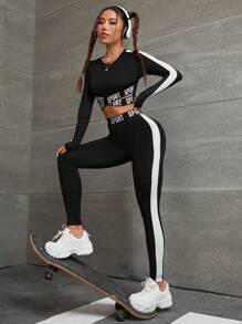 SHEIN Sport Gameset Conjunto deportivo de mujer con gráfico de letra, contraste de lado y corte cruzado