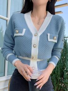 DAZY Autumn/Winter Casual Business Color Block Trim Cardigan,Long Sleeve Tops