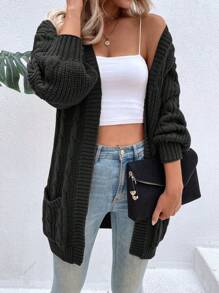 EMERY ROSE Dual Pocket Cable Knit Drop Shoulder Cardigan,Long Sleeve Tops Fall Winter Cloth For Women - Black - View 6