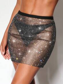 SHEIN BAE 水鑽鉚釘漁網網紗半身裙不帶內褲 - 黑色 - 查看 4