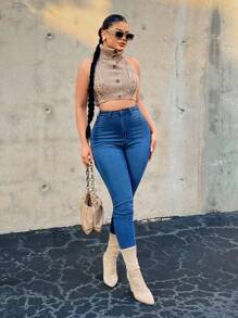 SHEIN SXY Turtleneck Button Front Cable Knit Top - Apricot - View 3