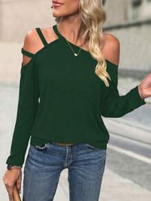 SHEIN LUNE Solid Asymmetrical Neck Tee - Dark Green - View 4