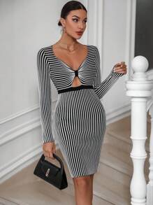 Zolique 正麵條紋圖案鏤空毛衣洋裝 - 黑與白 - 查看 3