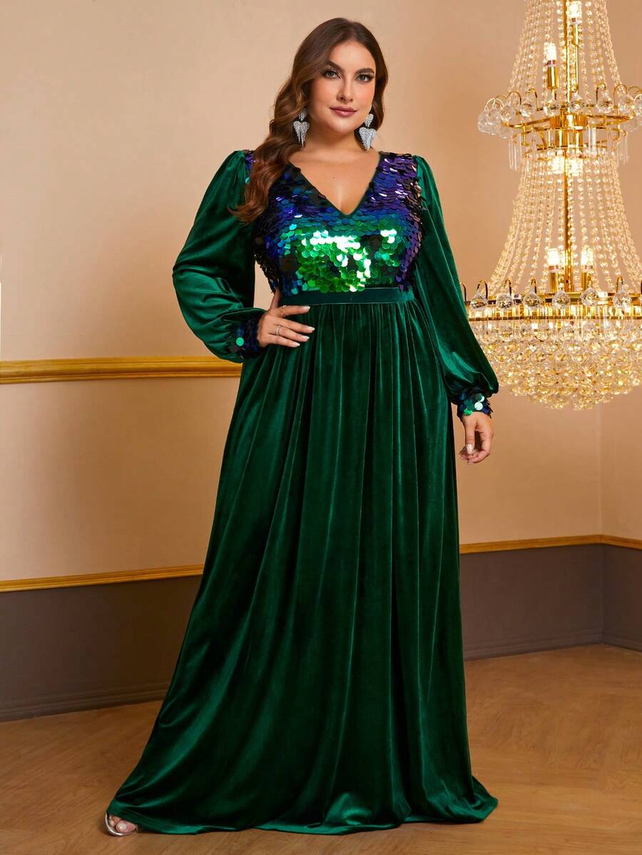 YISIKADO Plus Contrast Sequin Lantern Sleeve Velvet Prom Dress - Multicolor - View 1