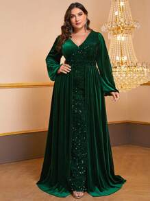 YISIKADO 大碼V領燈籠袖亮片舞會洋裝 - 墨綠色 - 查看 1