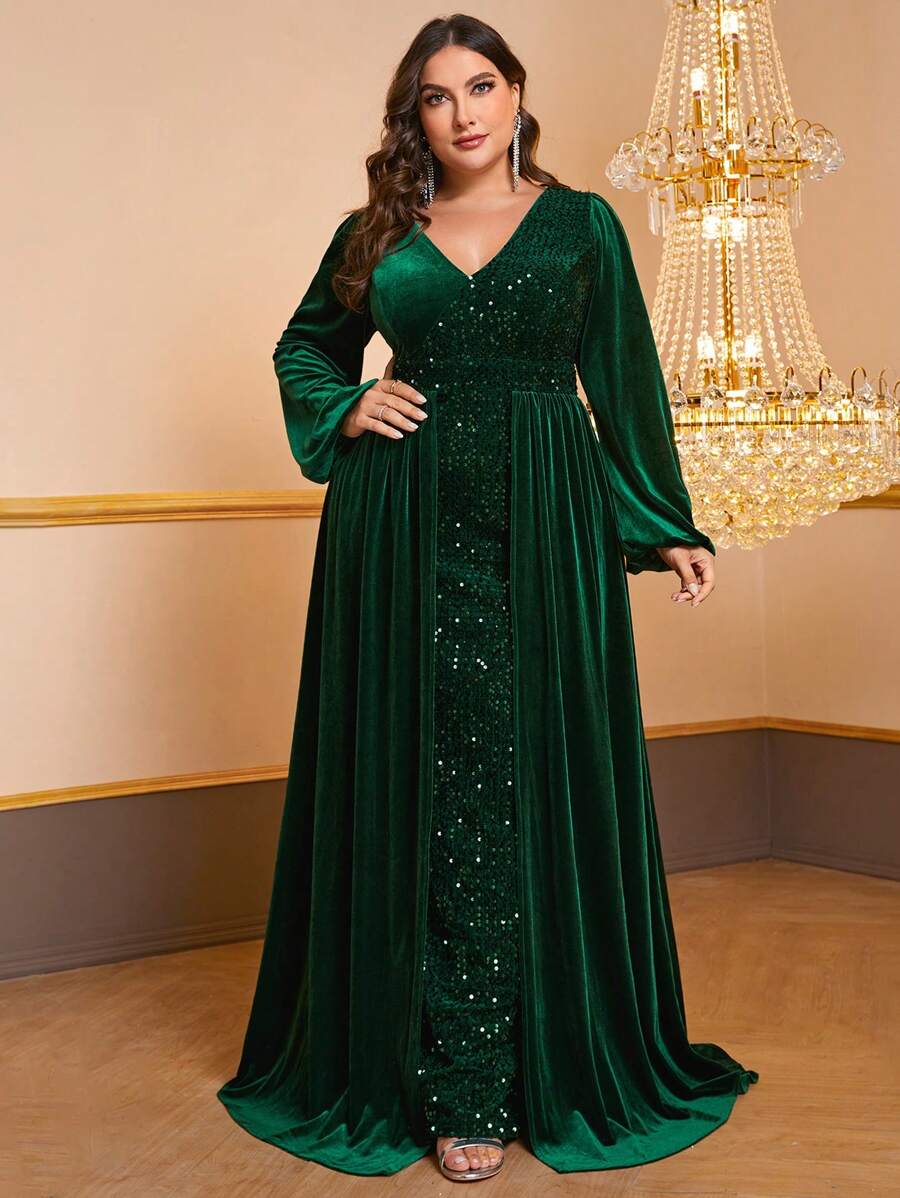 YISIKADO 大碼V領燈籠袖亮片舞會洋裝 - 墨綠色 - 查看 1