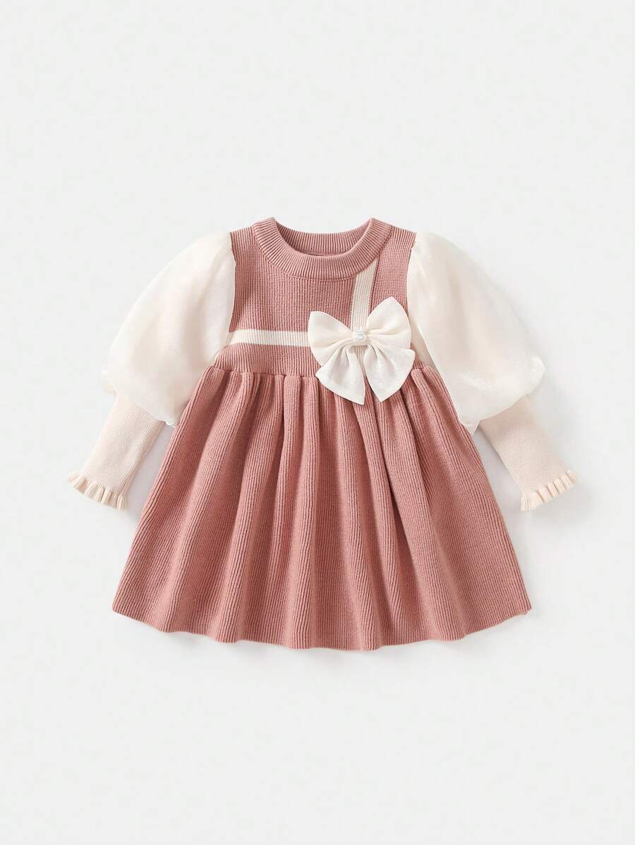 Young Girl Two Tone Bow Front Gigot Sleeve Dress - Pink - View 1