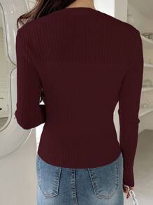 DAZY Scallop Trim Button Front Cardigan,Fall Clothes,Back To School Clothes - Burgundy - View 2
