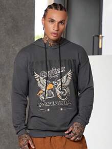 Manfinity VCAY Sudadera con capucha holgada para hombres con diseño impreso de letras y alas, hombros caídos y cordón ajustable - Gris Oscuro - Ver 5