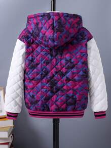Tween Boy 1pc Camo Print Letter Patched Striped Trim Hooded Quilted Coat