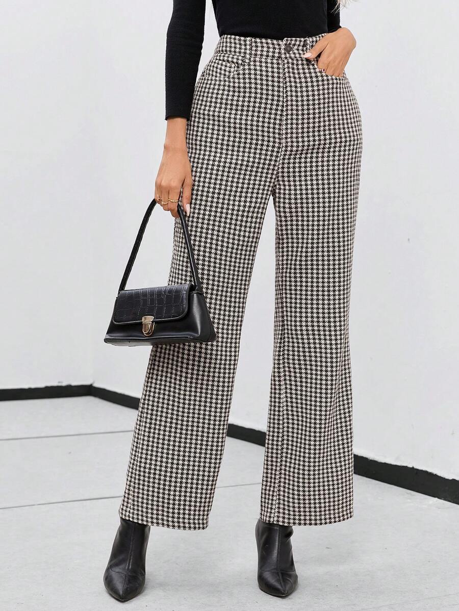 SHEIN Privé Houndstooth Print Slant Pocket Suit Pants - Beige - View 1