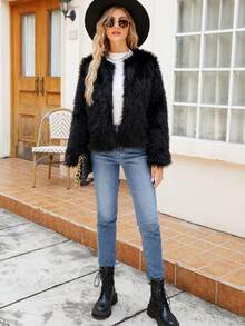 Women's Solid Color Long Sleeve Open Front Loose Fashionable Faux Fur Coat Jacket, Autumn/Winter