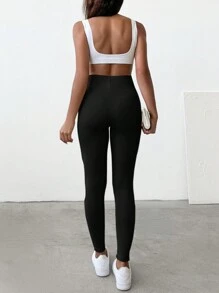 SHEIN Cottnline Solid High Waist Leggings - Black - View 2