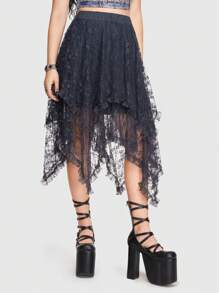 ROMWE Goth Asymmetrical Hem Lace Skirt - Dark Grey - View 4
