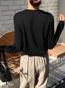 DAZY Solid Ribbed Knit Tee,Fall Clothes Long Sleeve Women Tops - Black - View 2