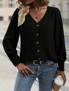SHEIN LUNE Swiss Dot Button Front Bishop Sleeve Blouse - Black - View 6