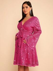 SHEIN Maternity Surplice Neck Belted Sequin Dress - Pink - View 5