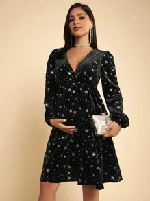 SHEIN Maternity Star Print Lantern Sleeve Velvet Dress - Black - View 3